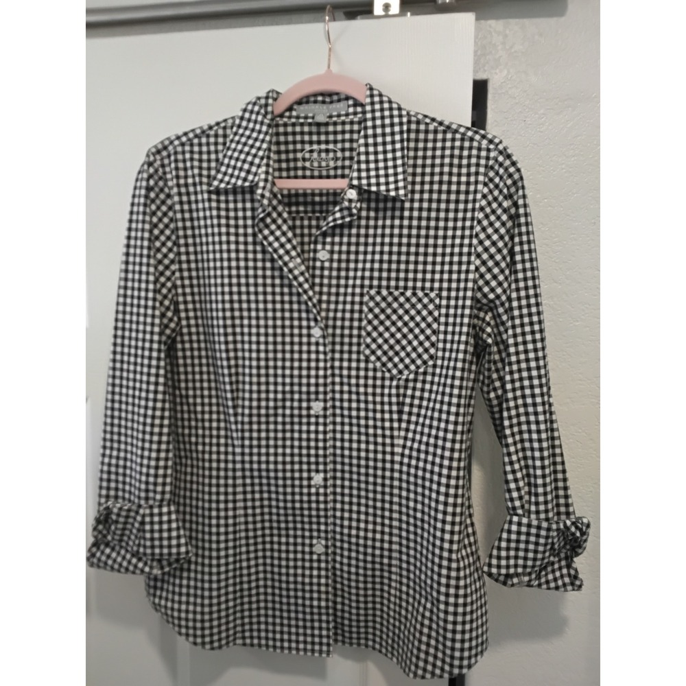 Foxcroft Womens Gingham Wrinkle Free Fitted Button Down Shirt Black White 10